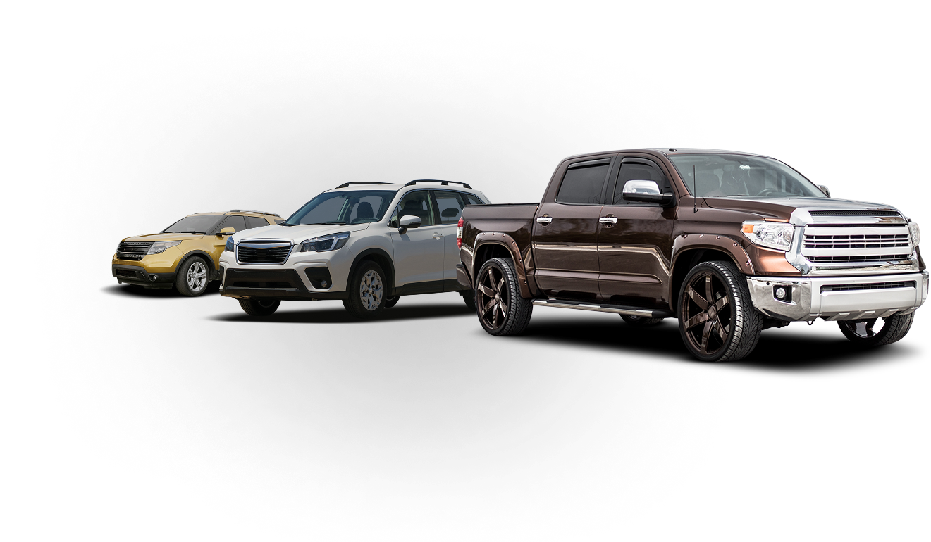 Three trucks on a white background, including a brown pickup in front and a silver SUV behind it. | The Family Mechanics - Cherry Hill
