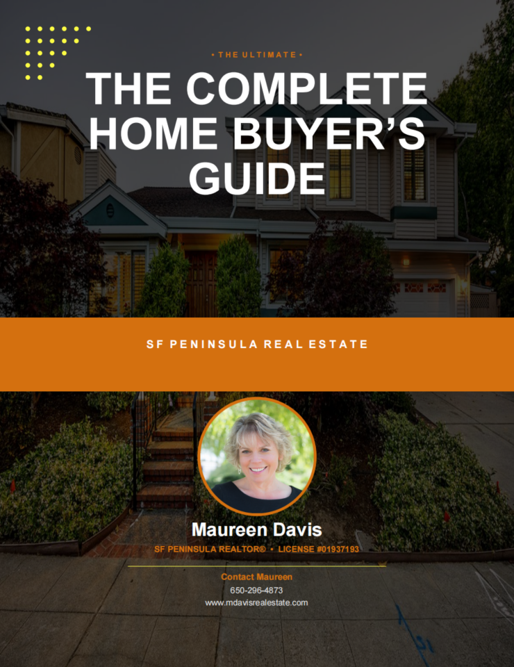 Cover of “The Complete Home Buyer’s Guide” with a house background and Maureen Davis portrait on orange and black design.