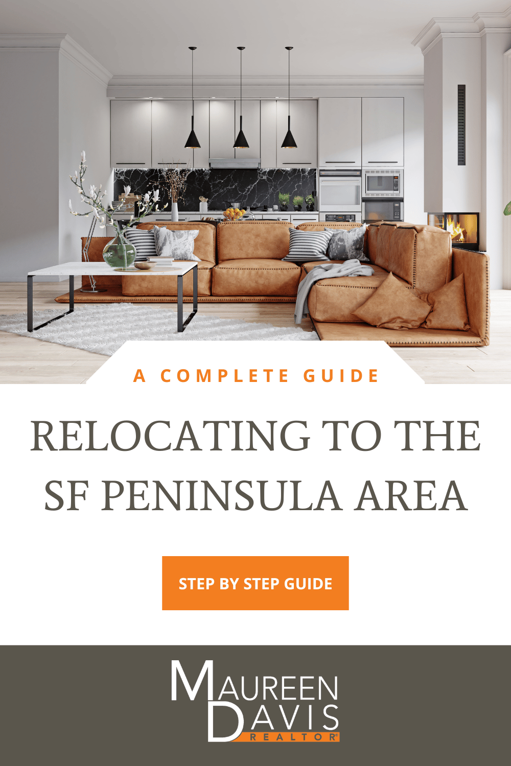 Guide cover for relocating to the SF Peninsula Area with a modern living room and orange accents