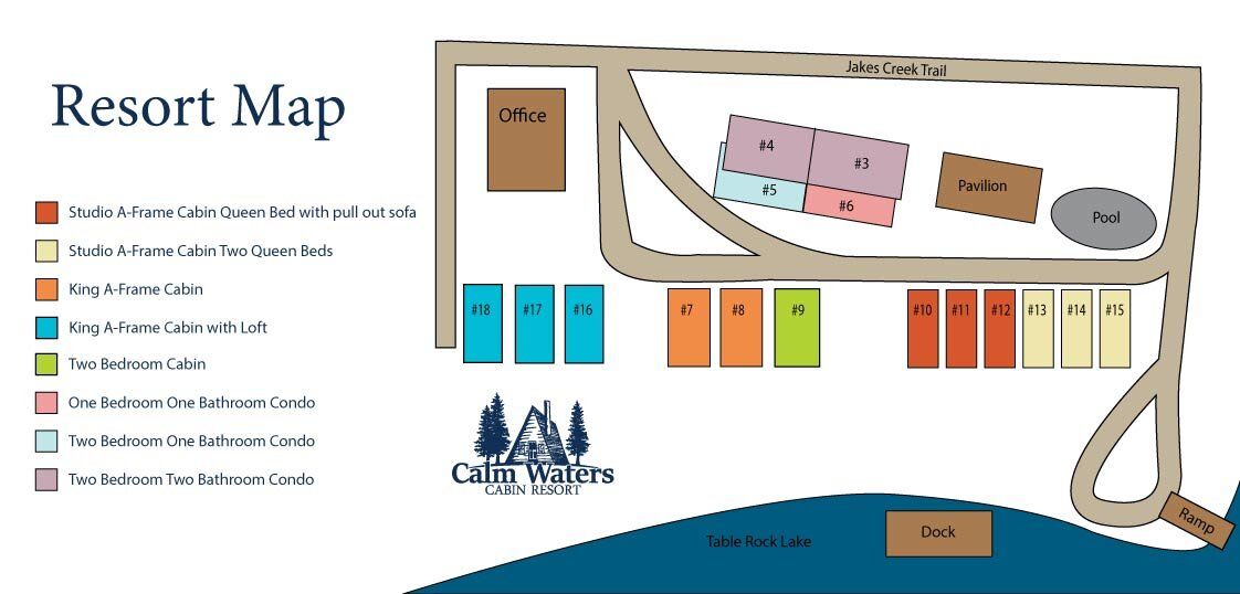 Resort map with labeled campsites, cabins, pool, and parking near a body of water.