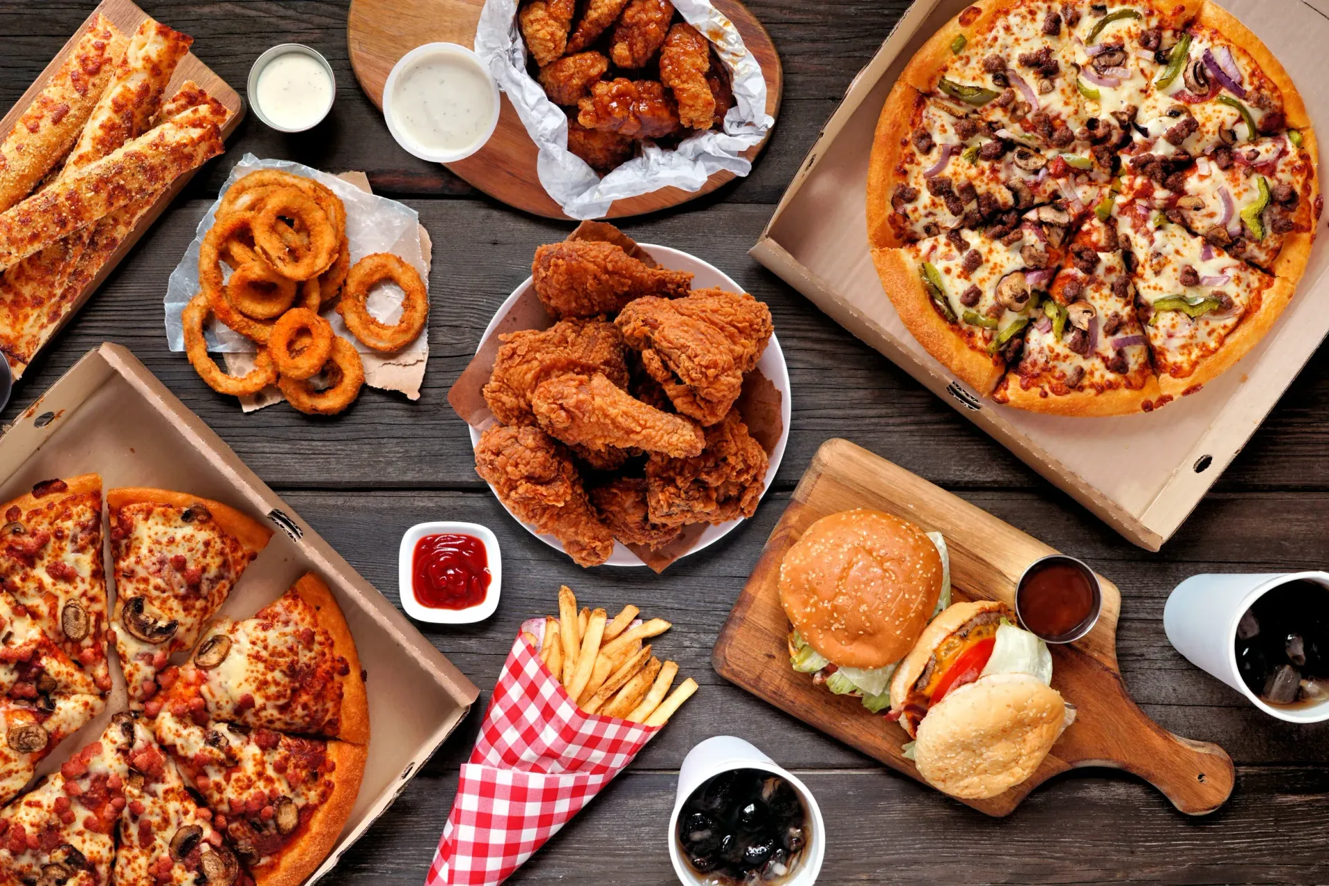 Assorted fast food: pizza, chicken, fries, burgers, onion rings, breadsticks, and drinks on a wooden table.