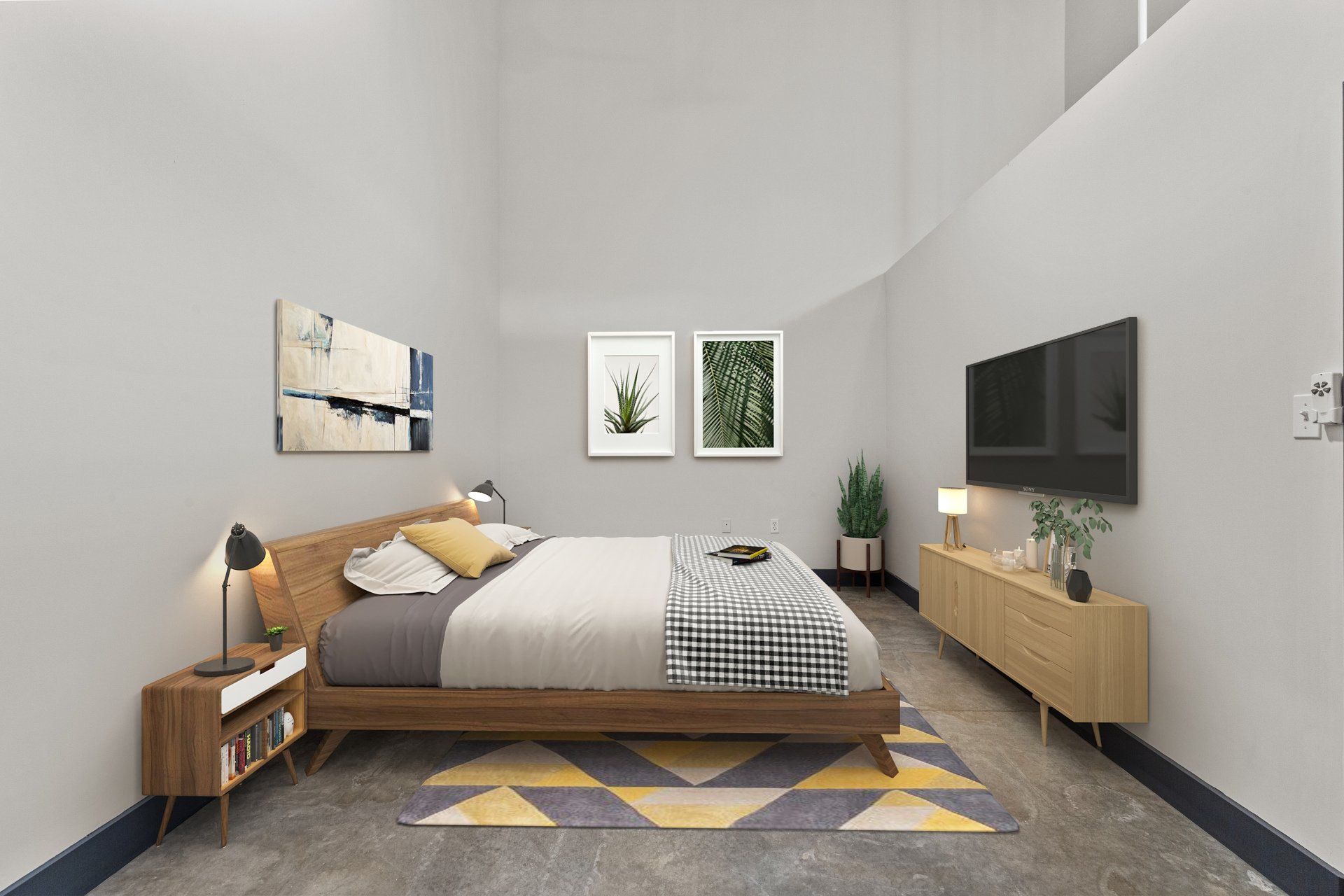 Modern bedroom with wooden bed, wall-mounted TV, bedside lamp, plants, and geometric rug.