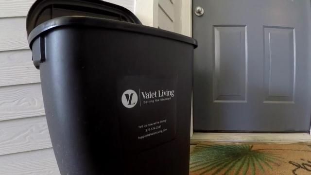 Black Valley View bin beside a gray door on a porch with a patterned mat