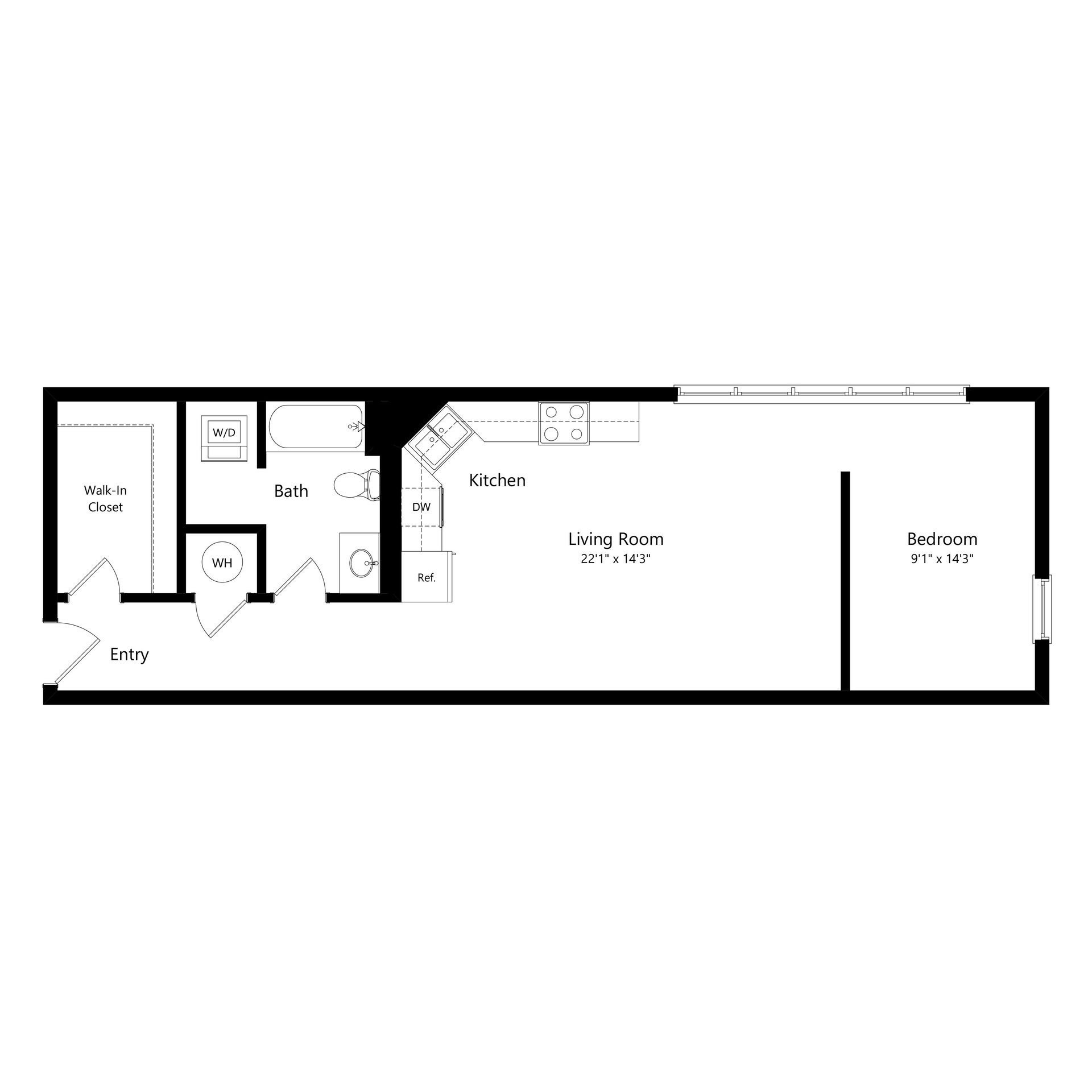 Black-and-white floor plan of a small apartment with labeled rooms and furniture layout