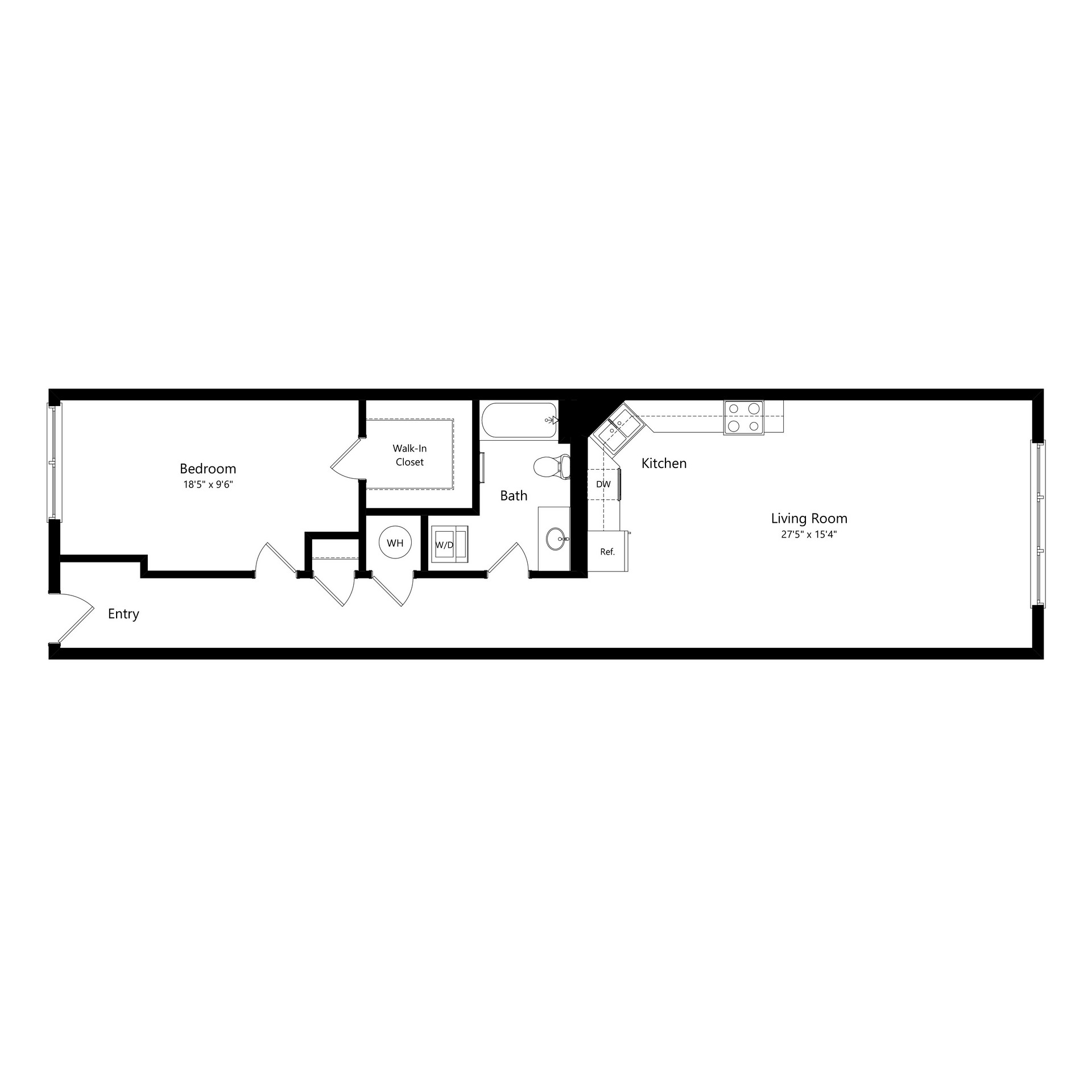 Floor plan of a narrow building layout with rooms and hallways marked in black-and-white.