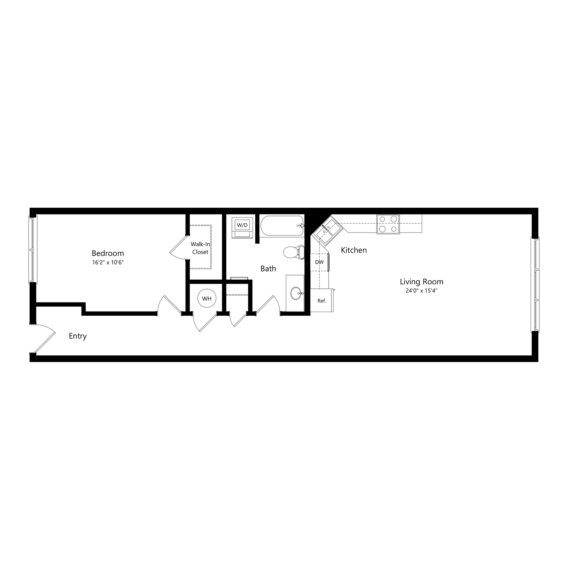 Black-and-white floor plan of a long narrow apartment with multiple rooms, bathrooms, and living/dining area