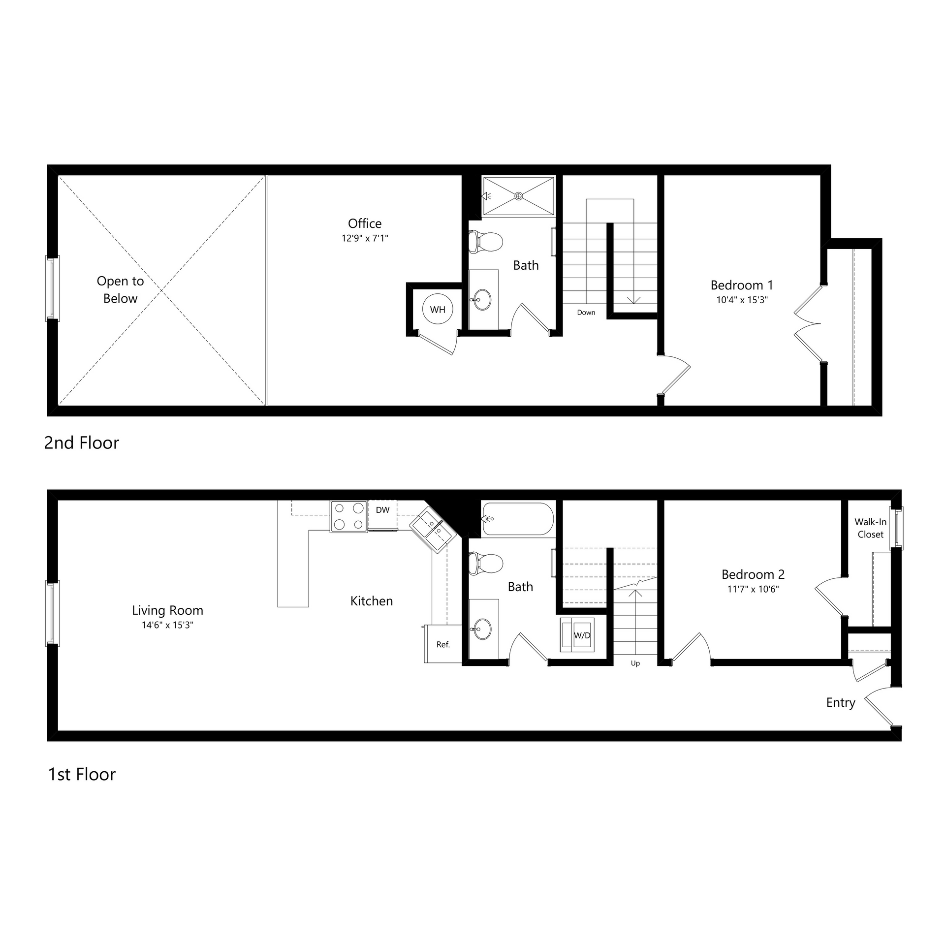 Two black-and-white floor plans labeled 1st and 2nd floor, showing rooms and stairs.