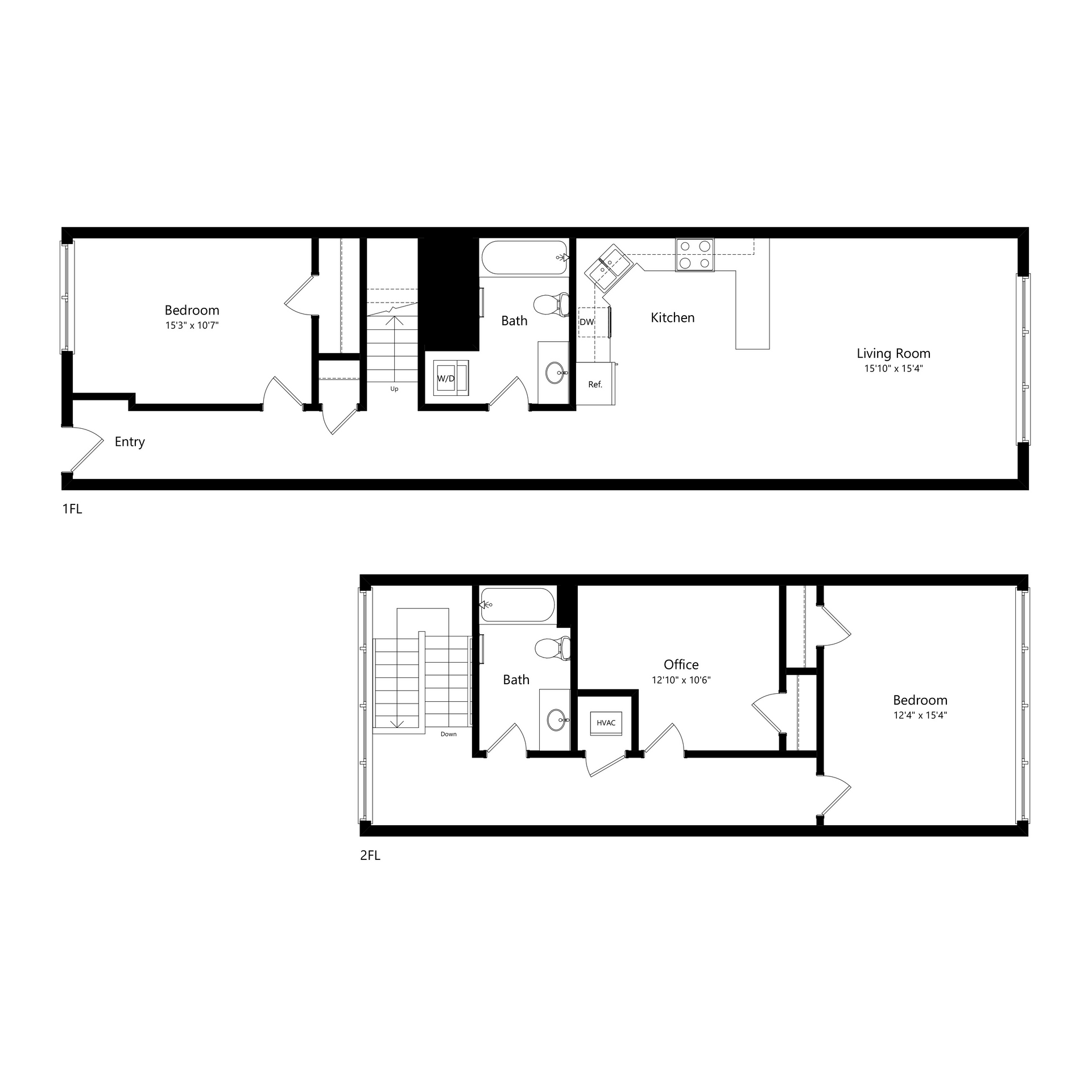 Black-and-white architectural floor plan with two horizontal room layouts and labeled spaces.