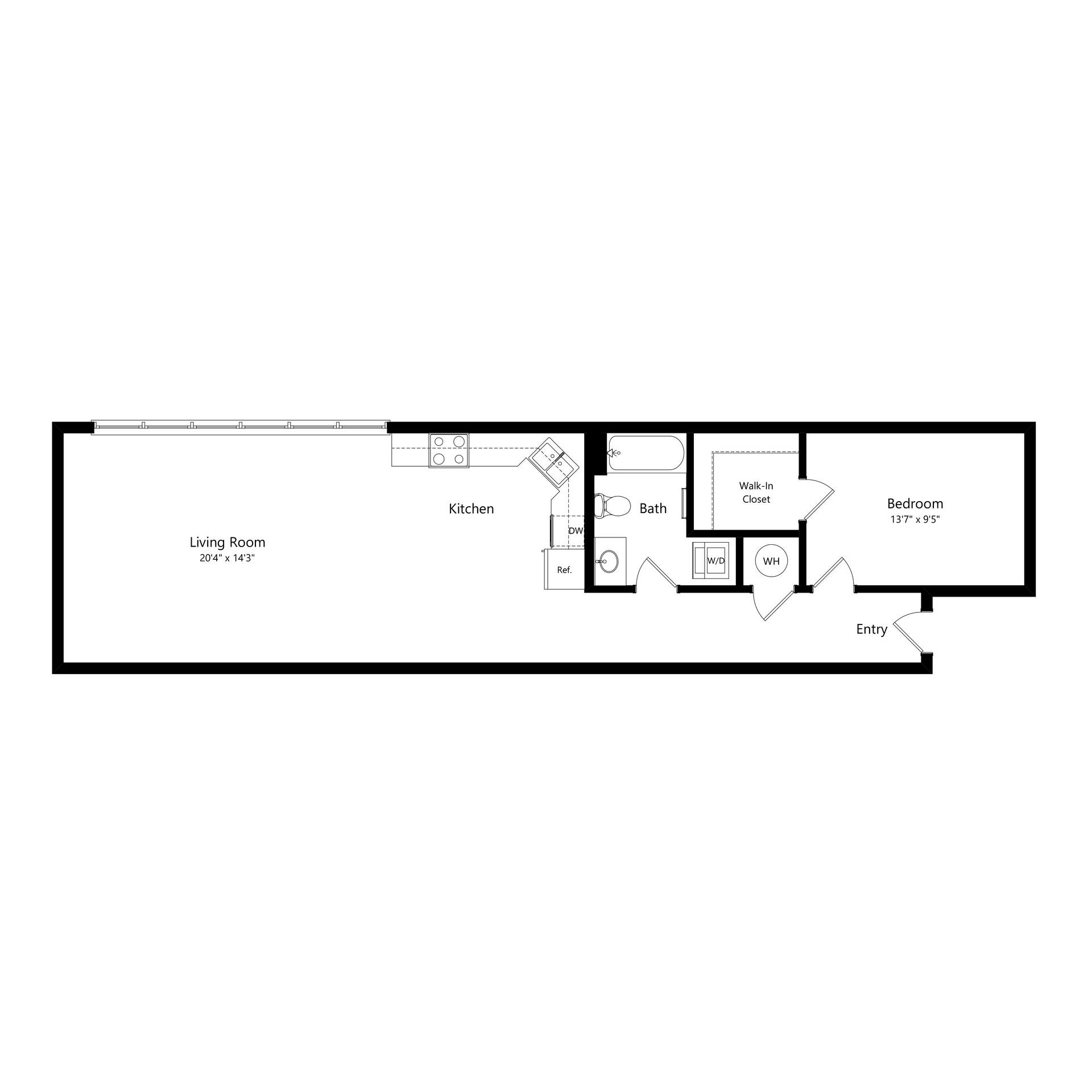 Black-and-white floor plan of a long rectangular building with multiple rooms and hallways.
