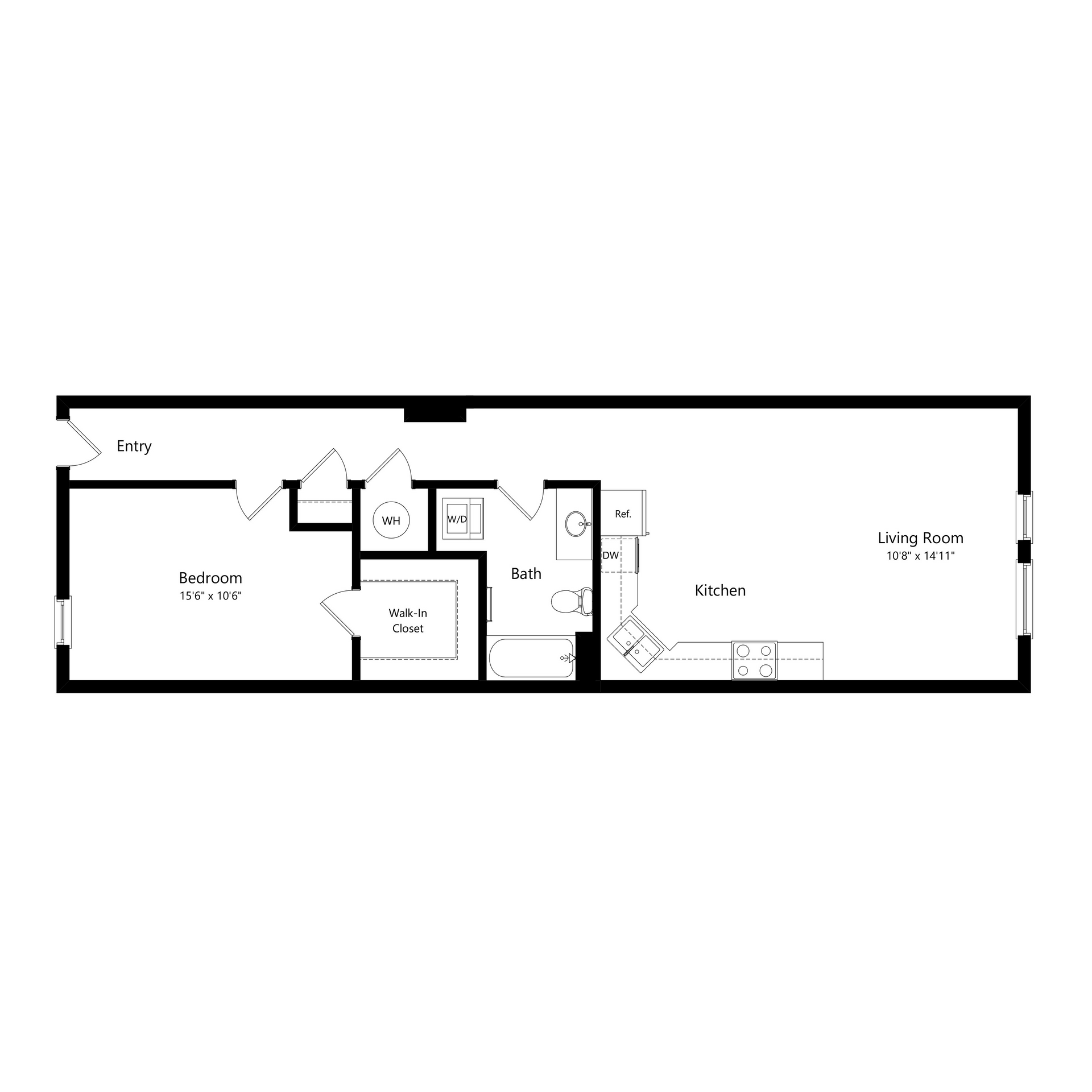Floor plan of a narrow home with labeled rooms, hallways, and doors.