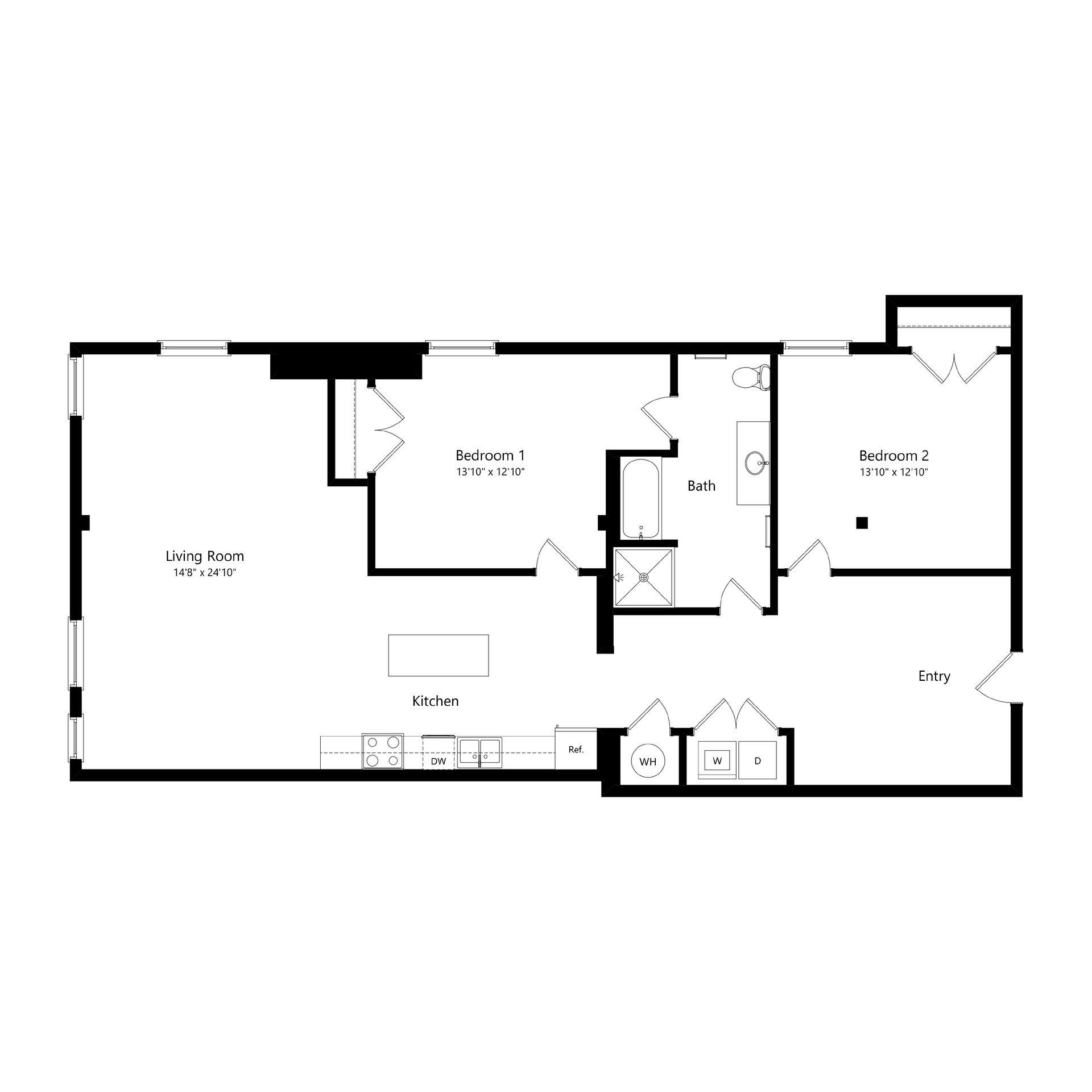 Black-and-white floor plan of a house layout with labeled rooms and doors