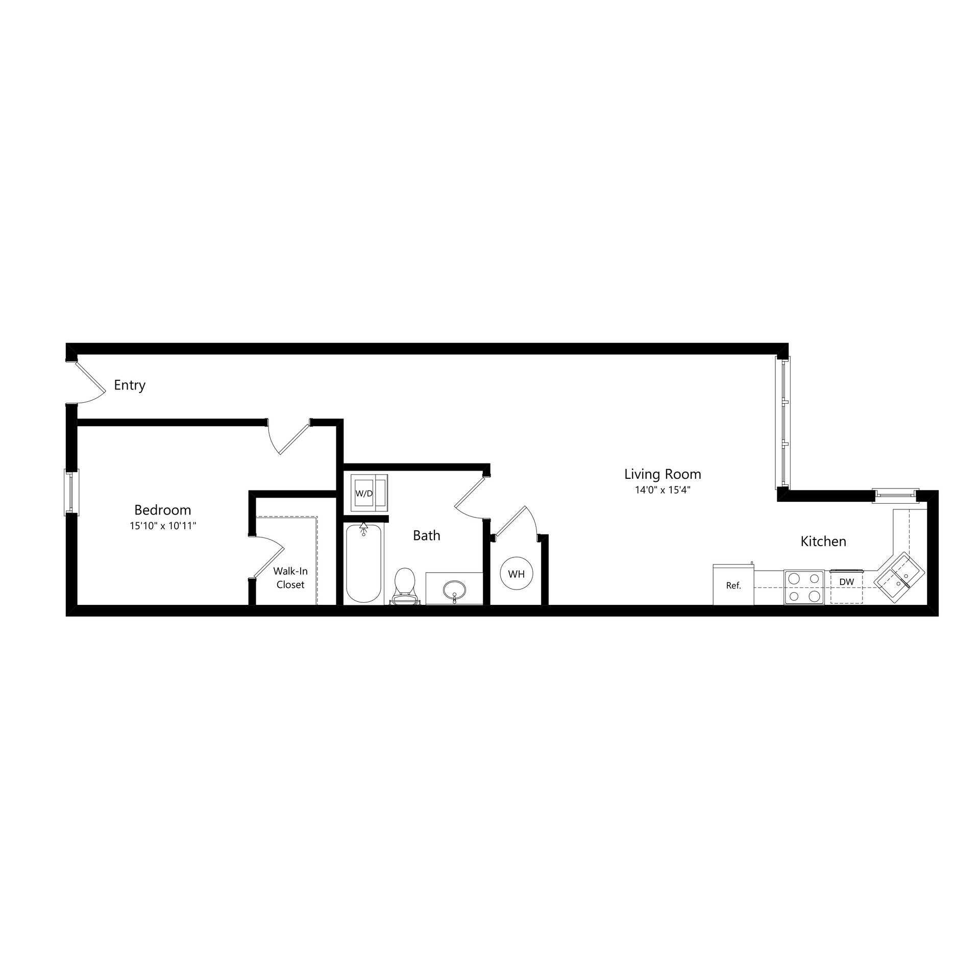 Black-and-white floor plan of a long apartment with labeled rooms, hall, kitchen, bath, and living area.