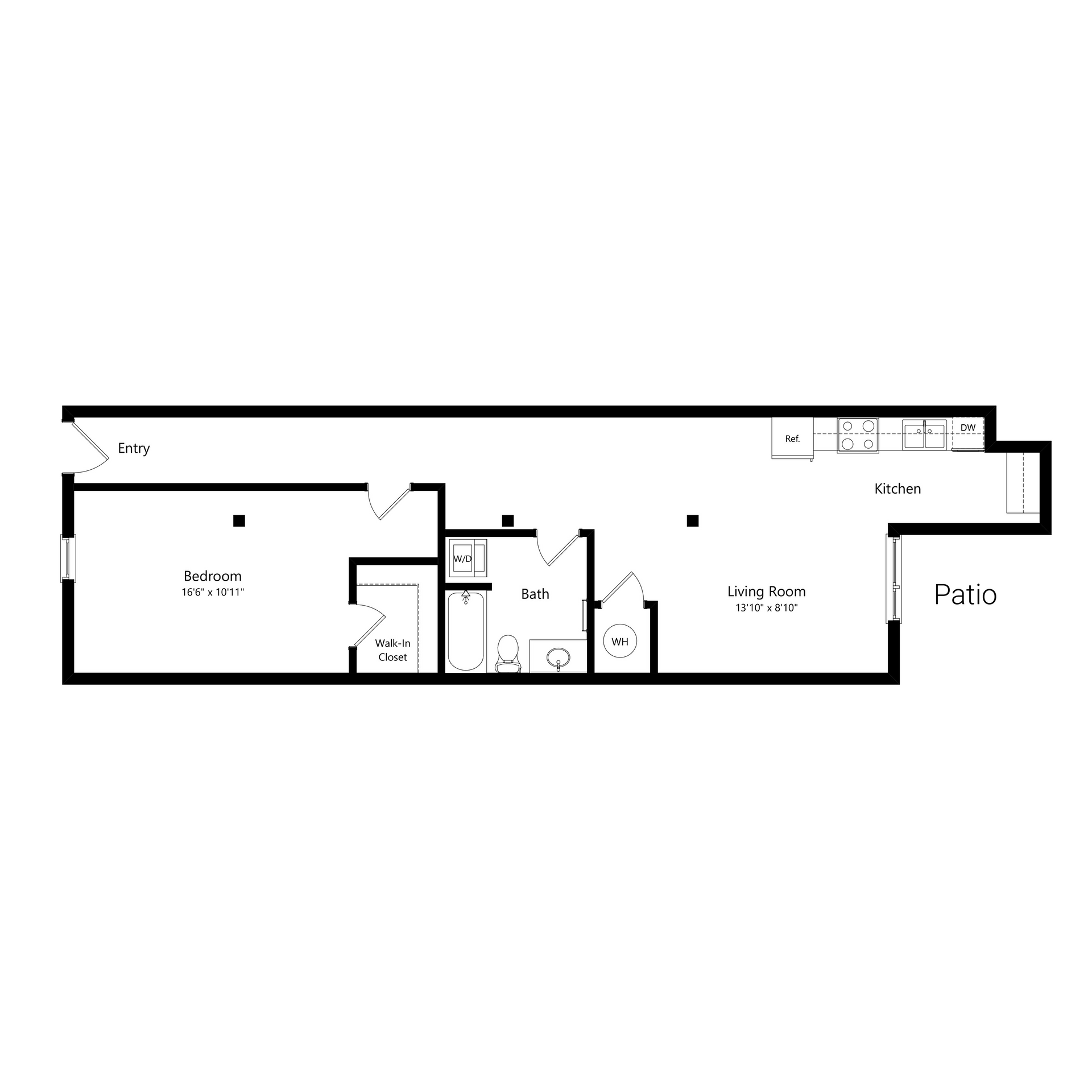 Black-and-white floor plan of a home layout with rooms, bathroom, garage, and patio labeled