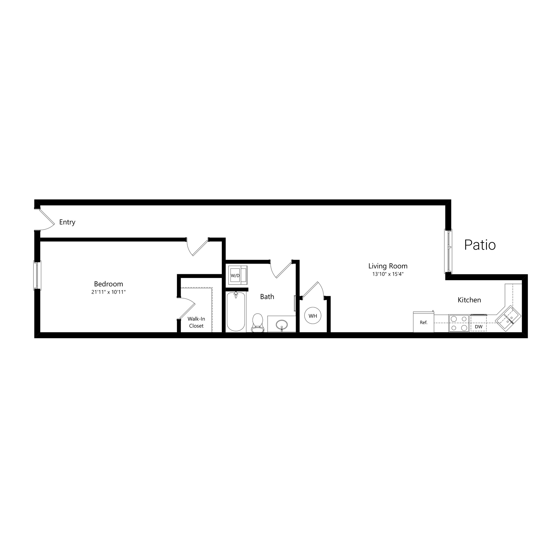 Black-and-white architectural floor plan with labeled rooms and a patio area.