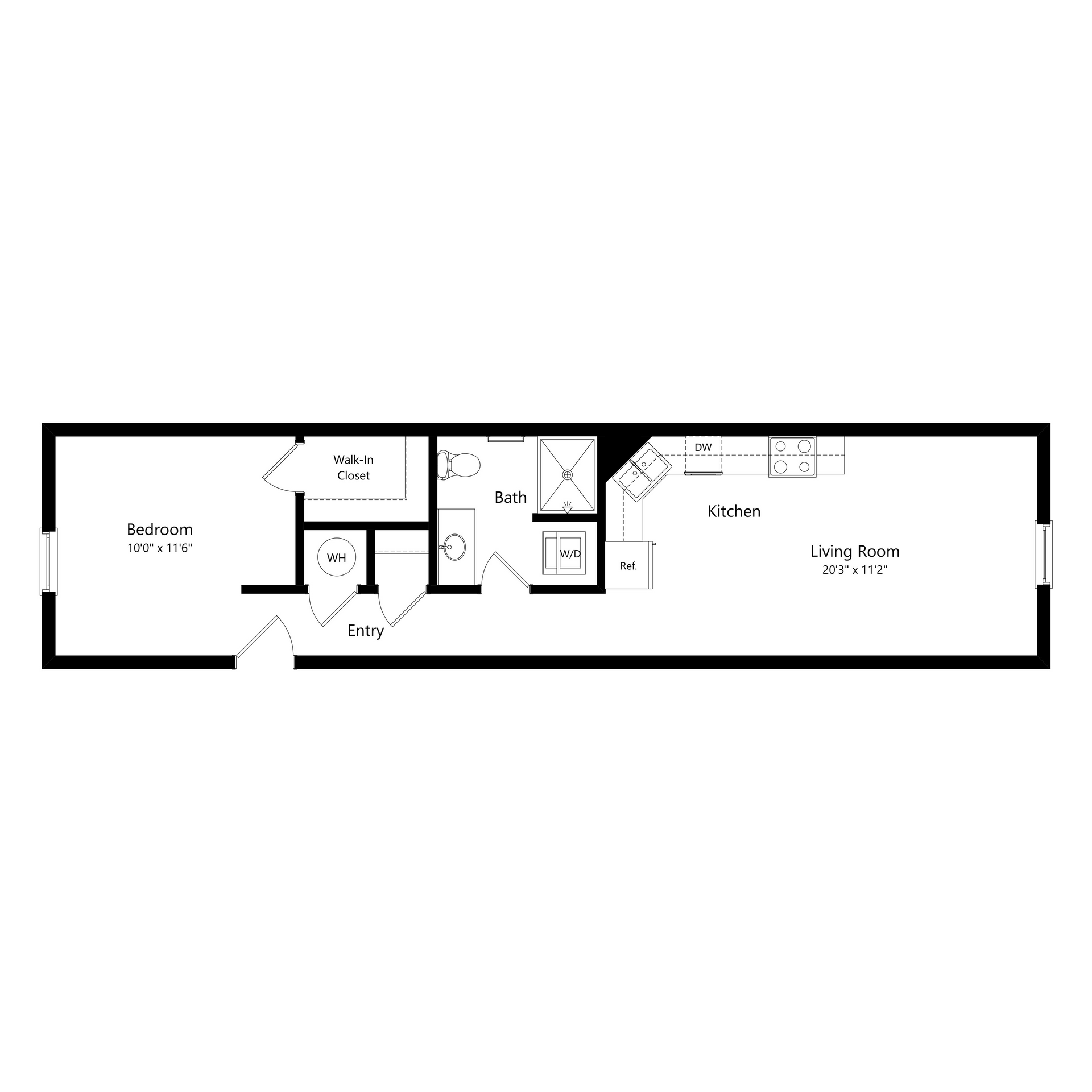Black-and-white floor plan of a small apartment with kitchen, bath, and living room labels