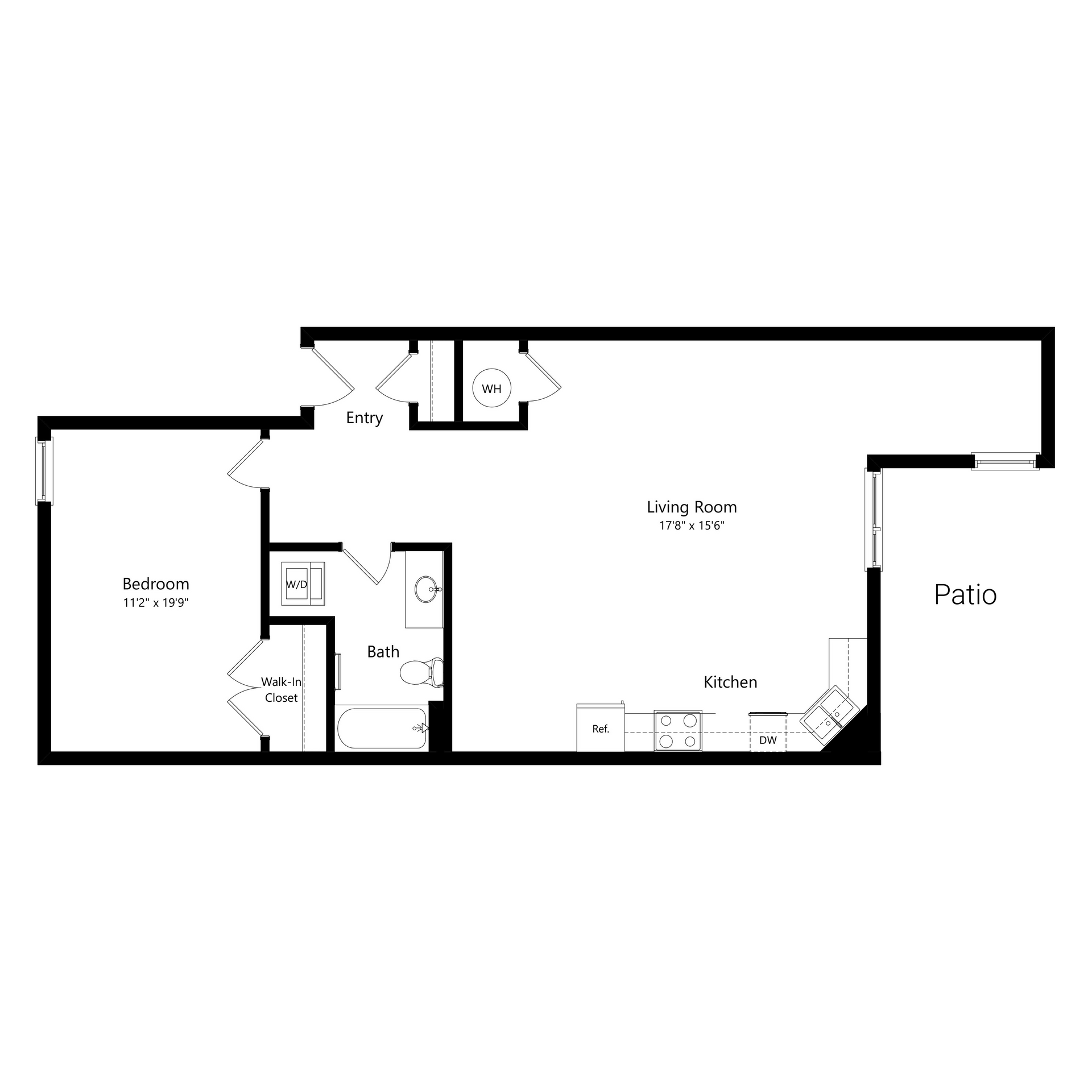 Black-and-white floor plan of a home with rooms, hallway, and patio labeled.