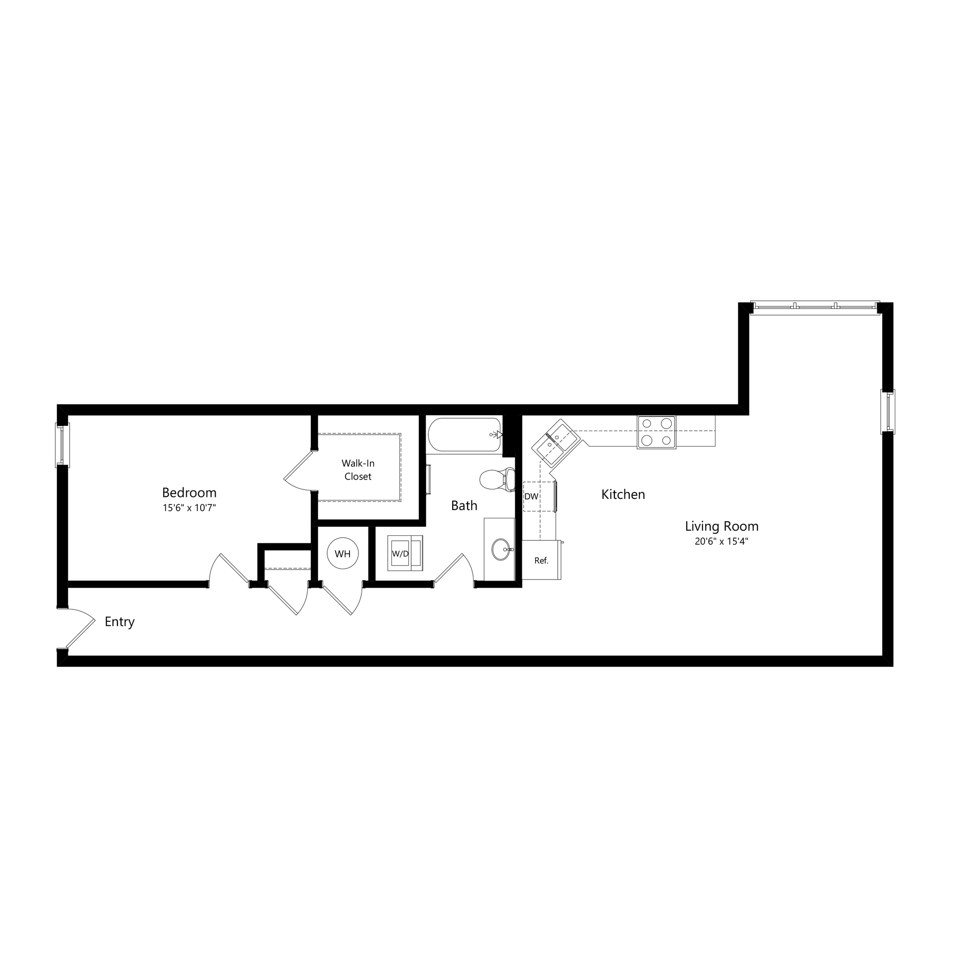 Black-and-white floor plan of a small apartment with labeled rooms, hallway, kitchen, bath, and living area