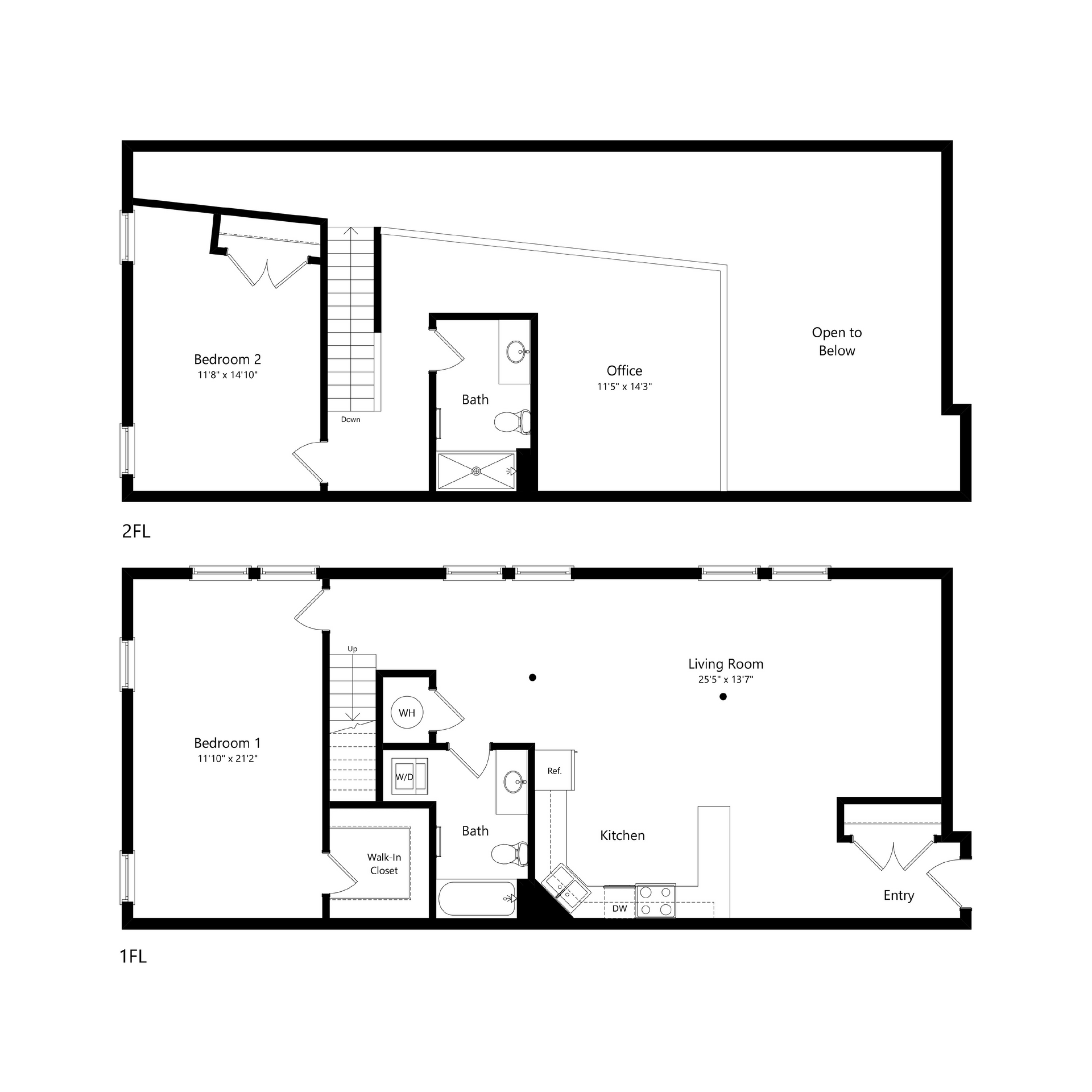 Black-and-white architectural floor plan with two stacked layout drawings and room labels