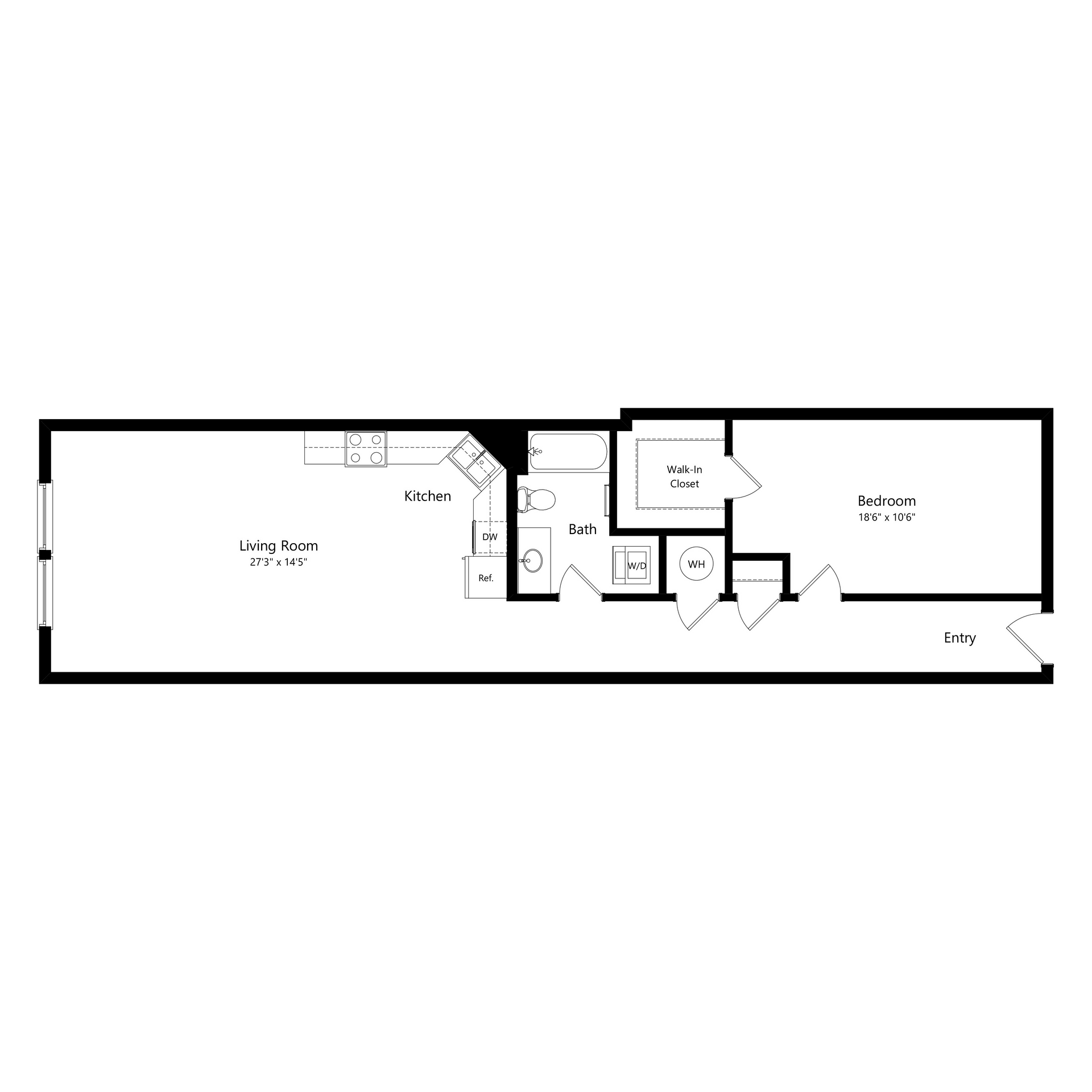 Black-and-white floor plan of a long, narrow apartment with multiple rooms and a central hallway.
