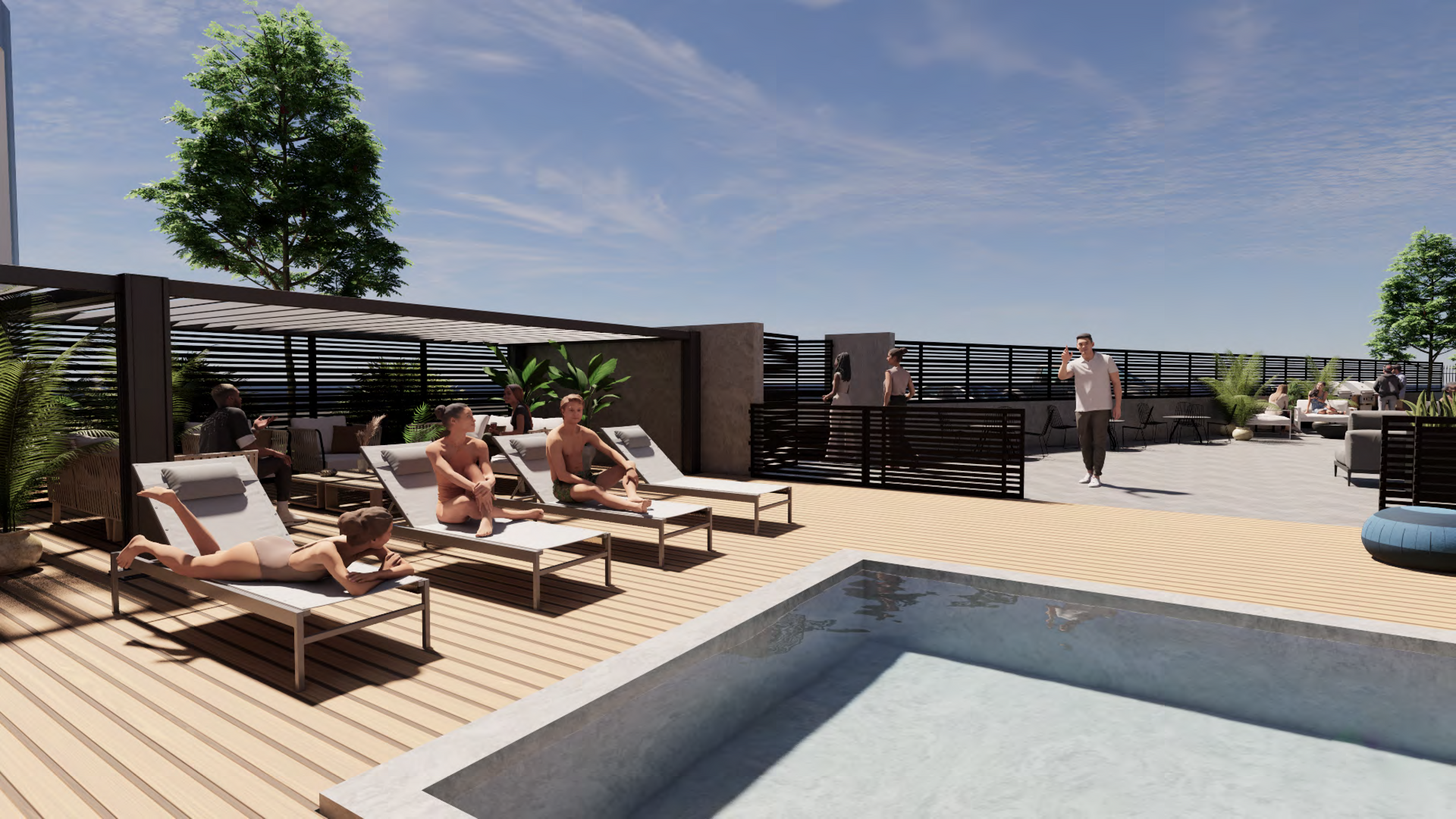 Rooftop pool deck with lounge chairs, a few people relaxing, and a clear blue sky.