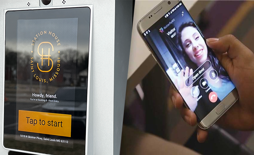 Touchscreen kiosk and smartphone showing a face filter app with a selfie on the screen