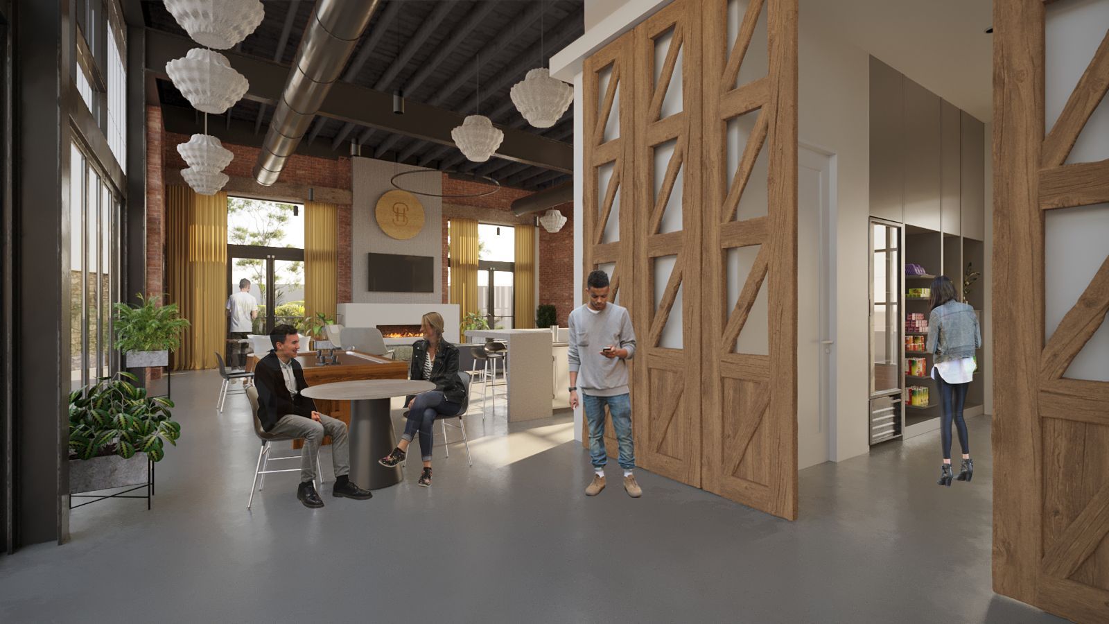 Modern open office lounge with people at a communal table and large wooden partition doors