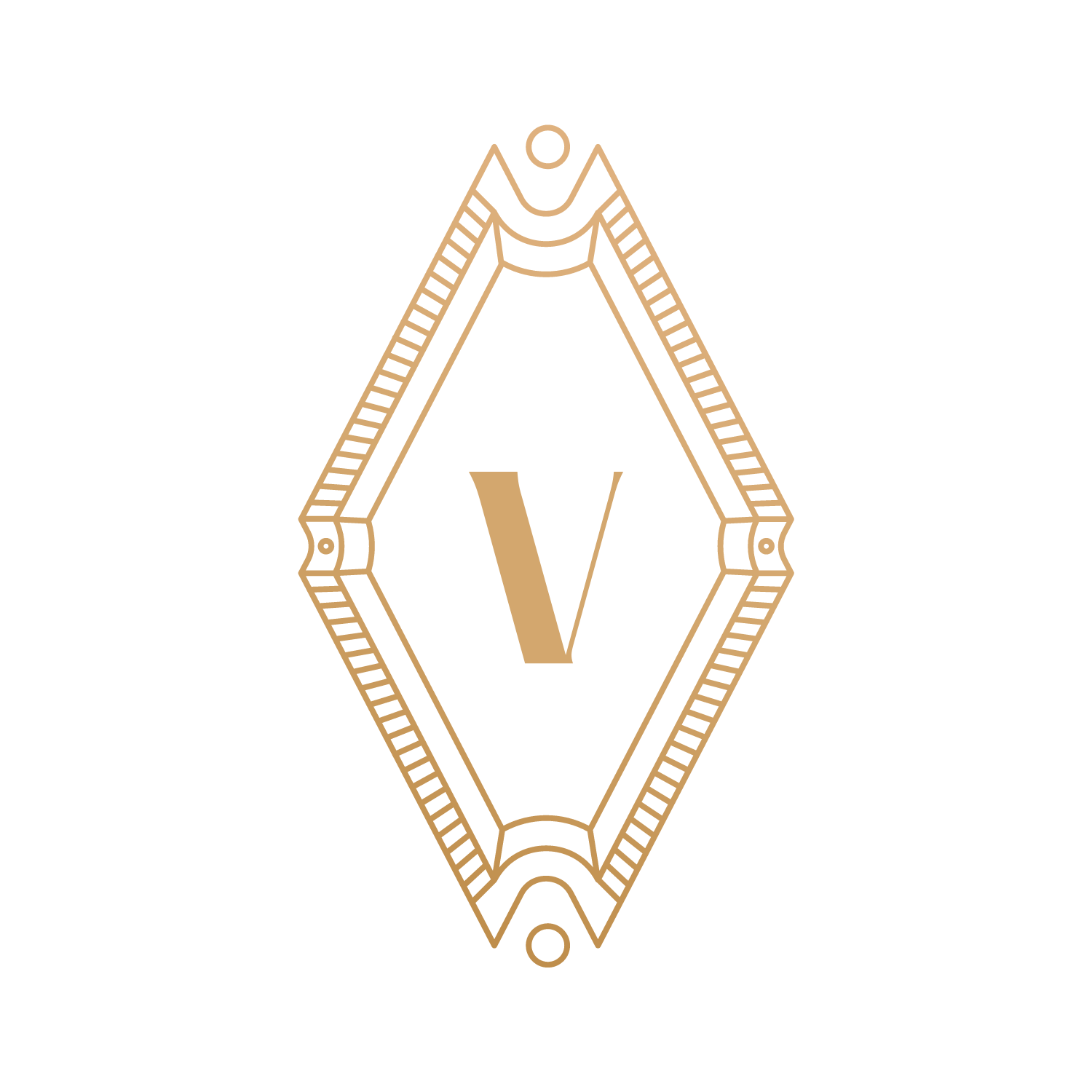 Gold geometric diamond emblem with a central capital V on a white background