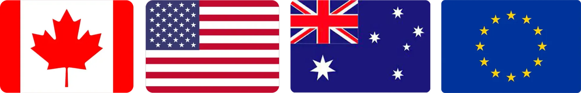 Four square icons displaying the flags of Canada, the United States, Australia, and the European Union.