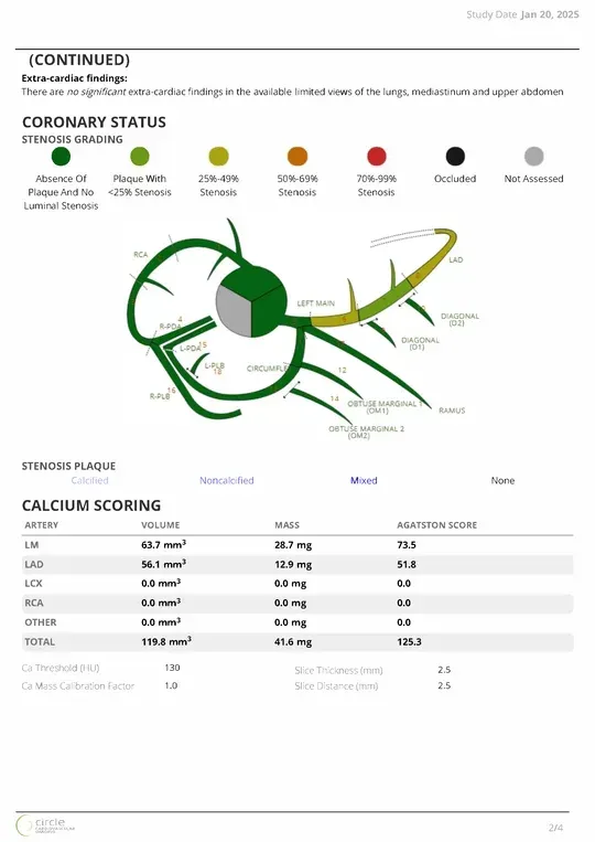 Coronary artery scan: diagram shows healthy and diseased vessels in green and yellow. Calcium scoring table included.
