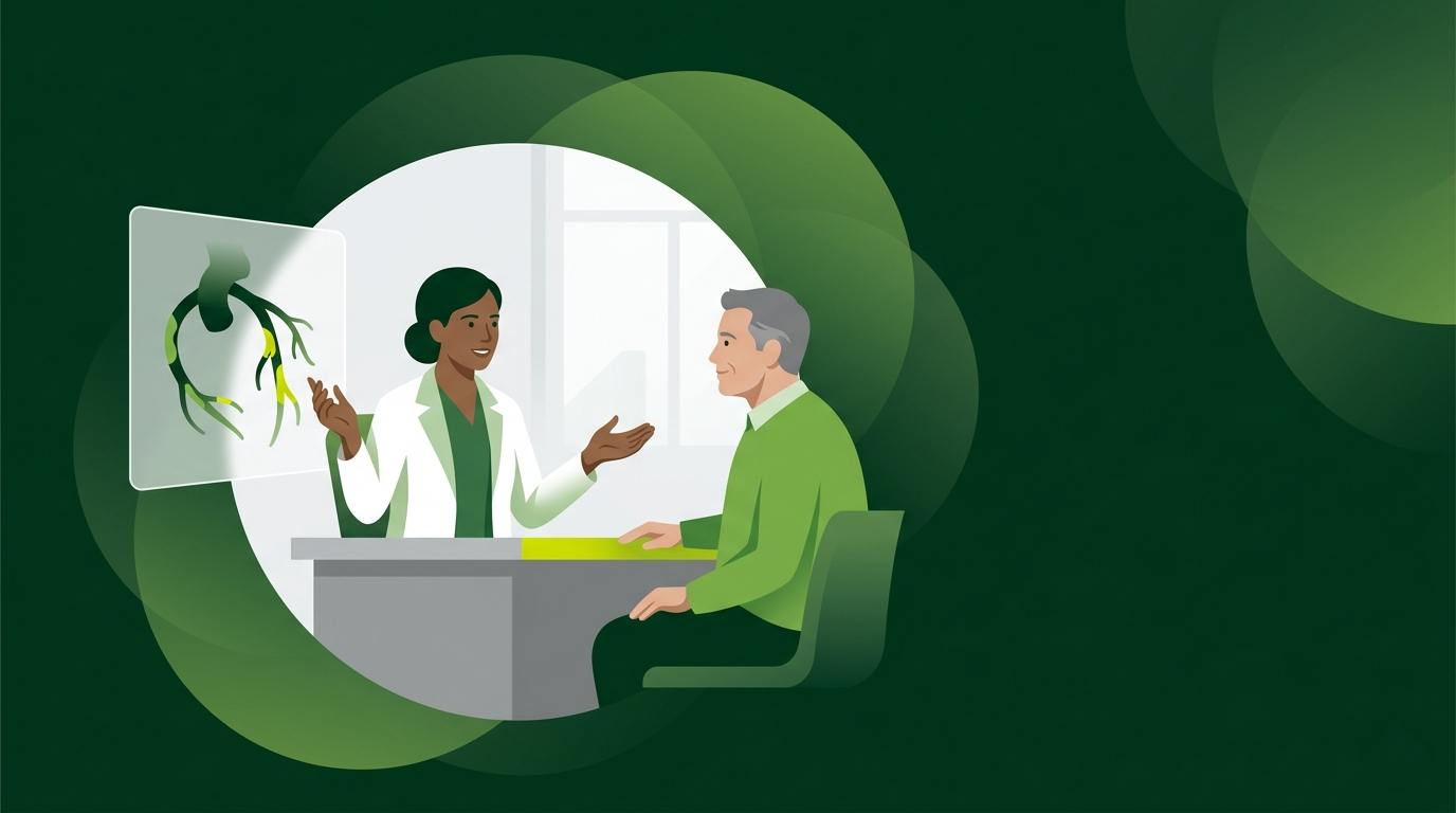 Two people talk across a desk in a green-toned office, with a coronary CTA in the background.