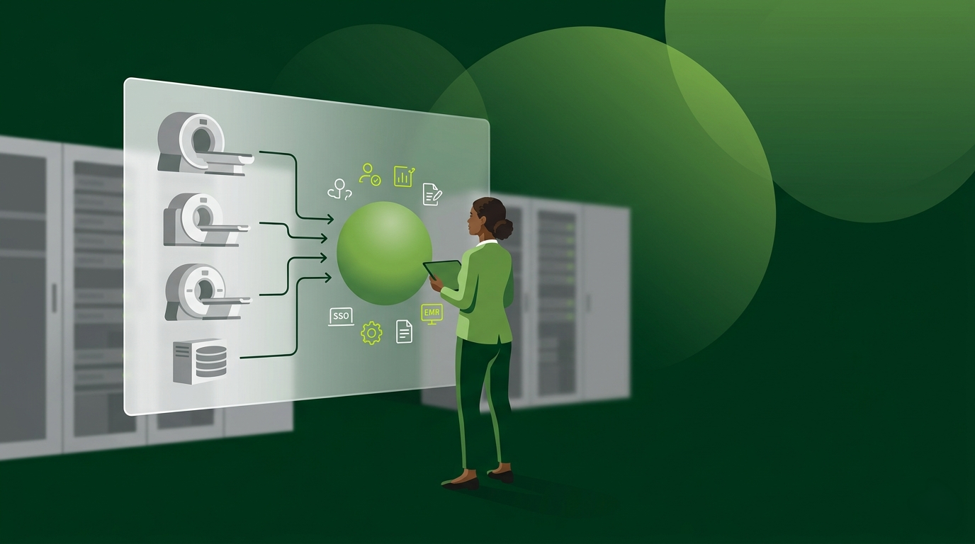 Technician inspecting a green control panel in a server room with racks and glowing circular graphics