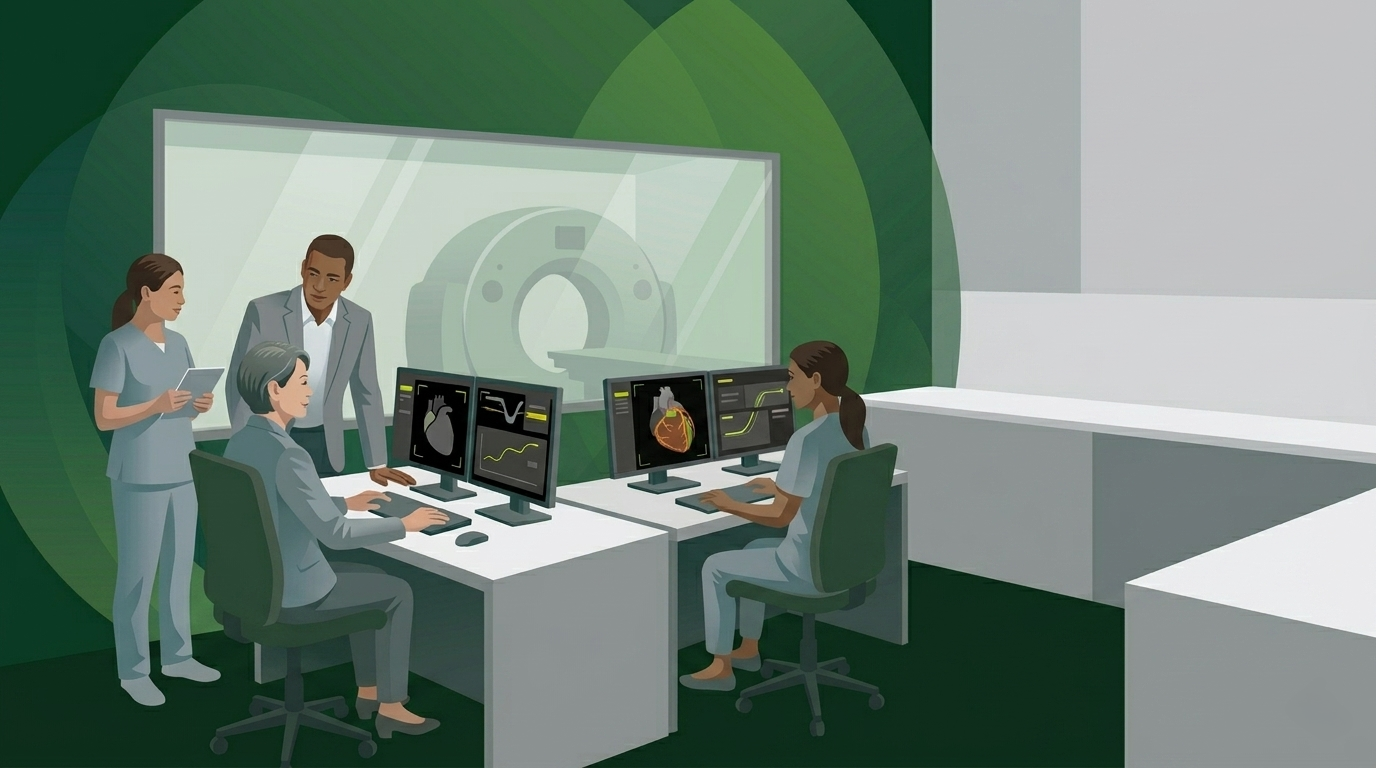 Four people in a modern office meeting around a desk with multiple computer monitors.