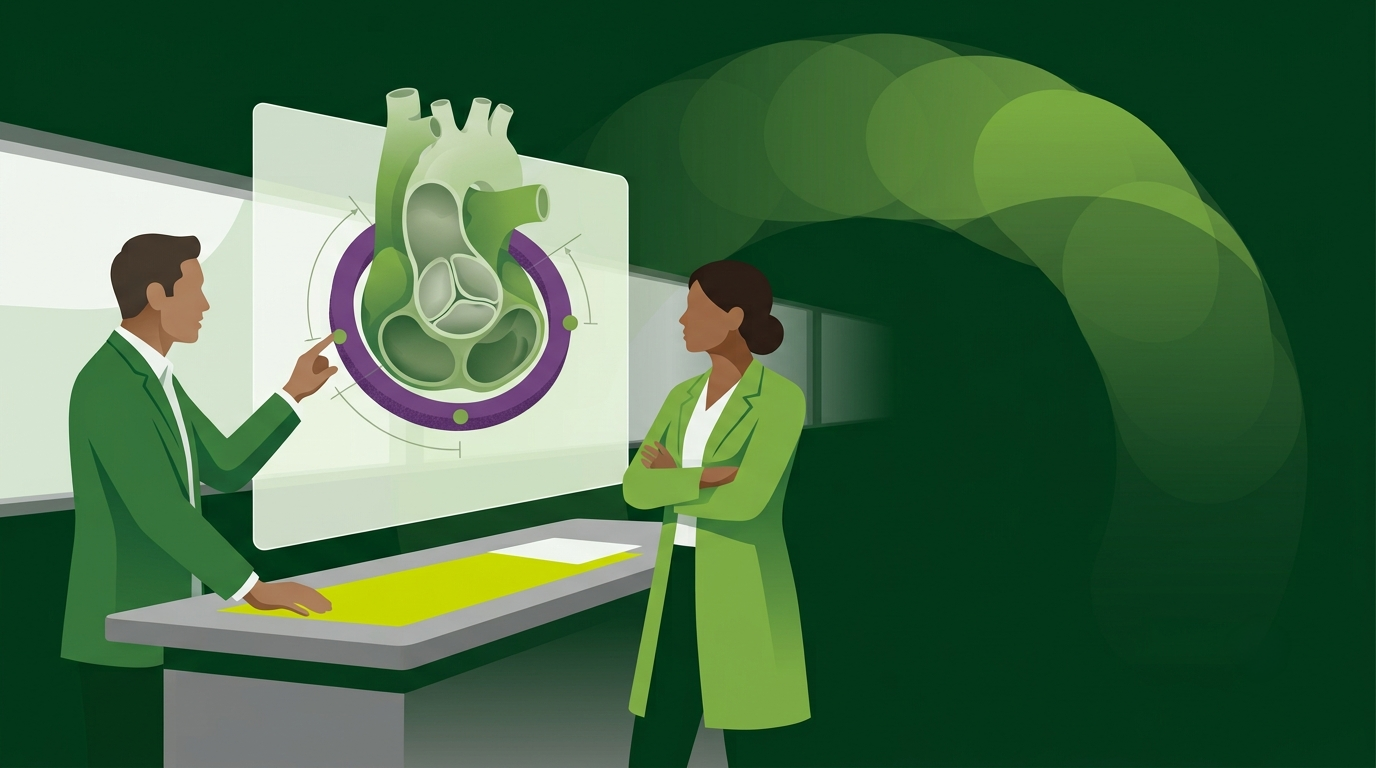Two people in lab coats discuss a heart scan on a monitor in a green-toned medical office.