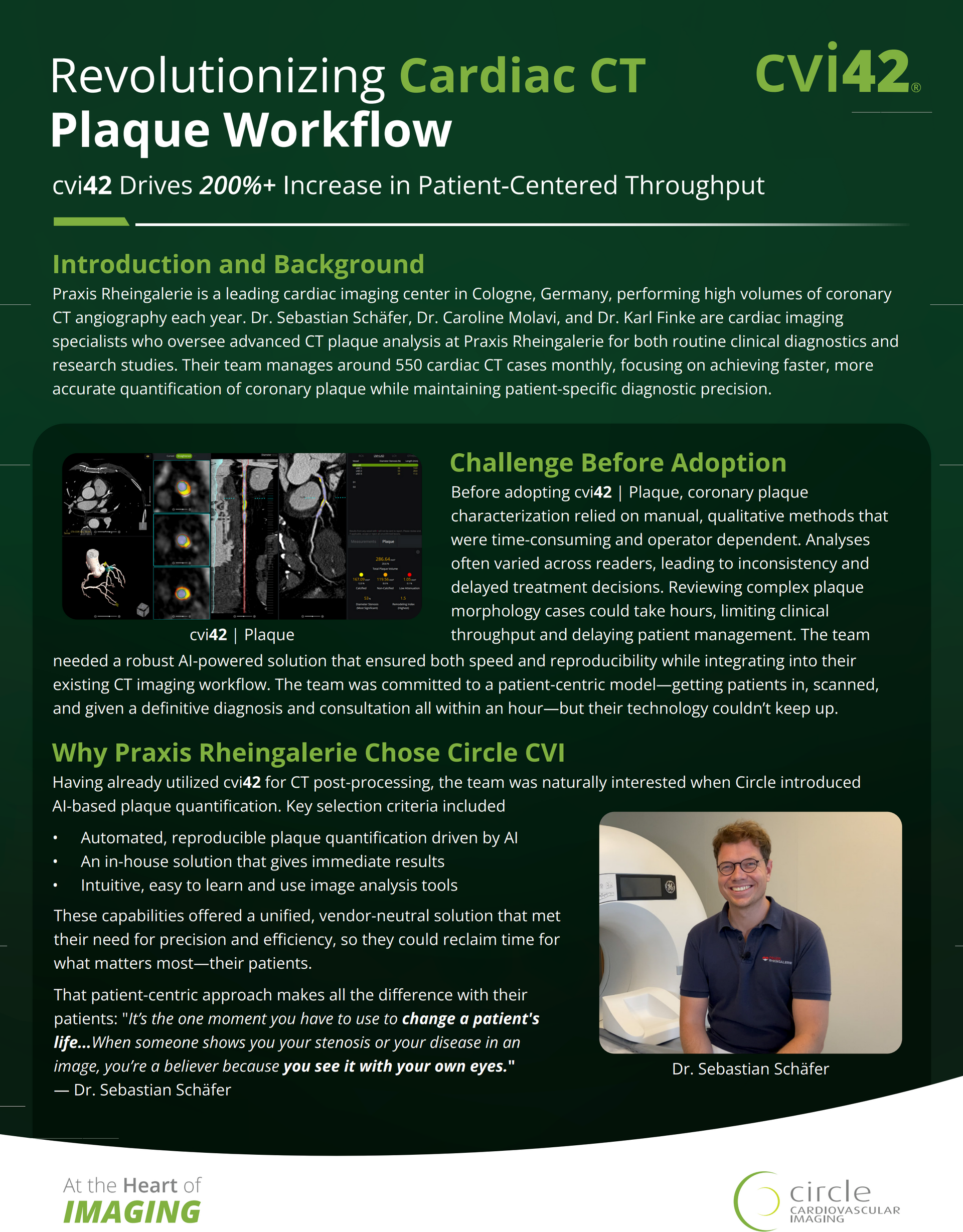 Infographic for cvi42 cardiac software featuring clinical scan images and a testimonial from Dr. Felix Rheinberger.