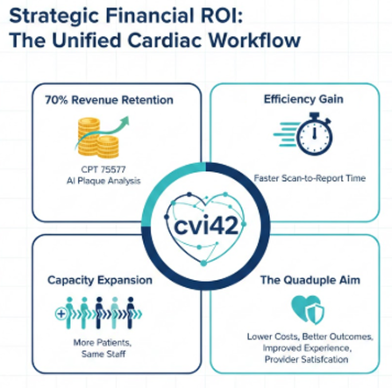 Infographic showing ROI of cvi42 cardiac software: revenue retention, efficiency gains, capacity expansion, and Quadruple Aim.