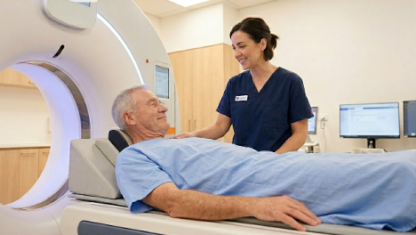 Patient in a hospital gown lies on a CT scanner bed, nurse smiles and comforts him. White and gray machine, neutral setting.