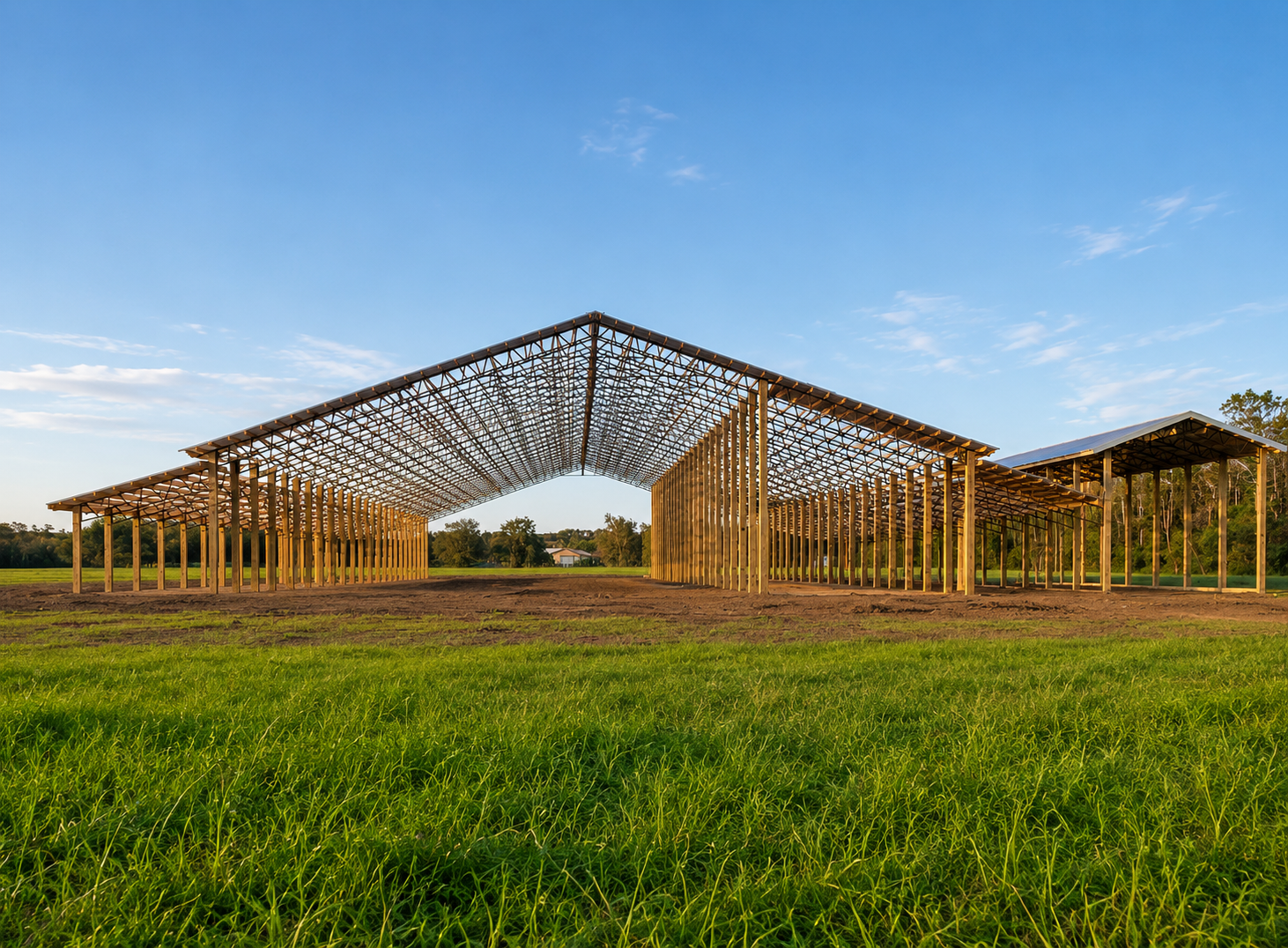 Open-air wooden pavilion with a large peaked roof in a grassy field under a blue sky