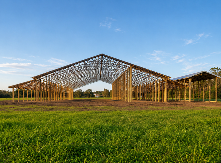 Wooden open-air pavilion with a peaked roof in a grassy field under a blue sky.