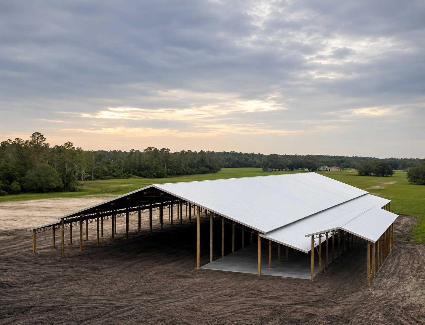 Large white-roofed barn under construction in a rural field at sunset
