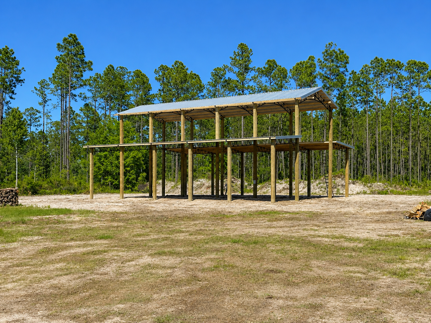 Raised wooden pavilion under construction in a grassy clearing with pine trees in the background