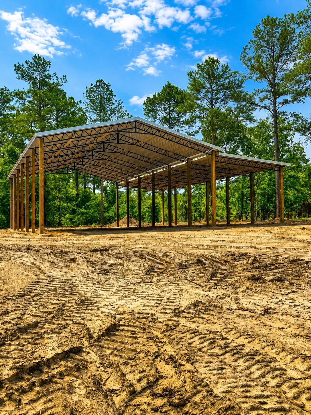 A metal and wood carport under a blue sky, on a grassy plot of land.