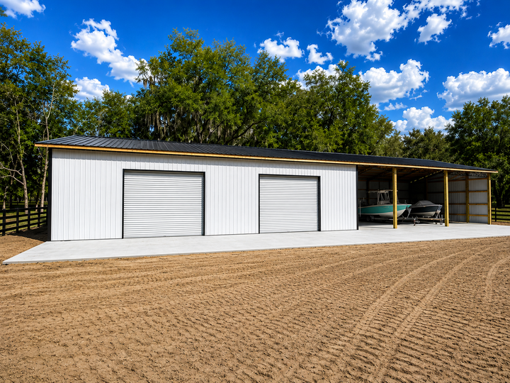 White metal barn with two roll-up doors and open bays beside a dirt lot under a blue sky