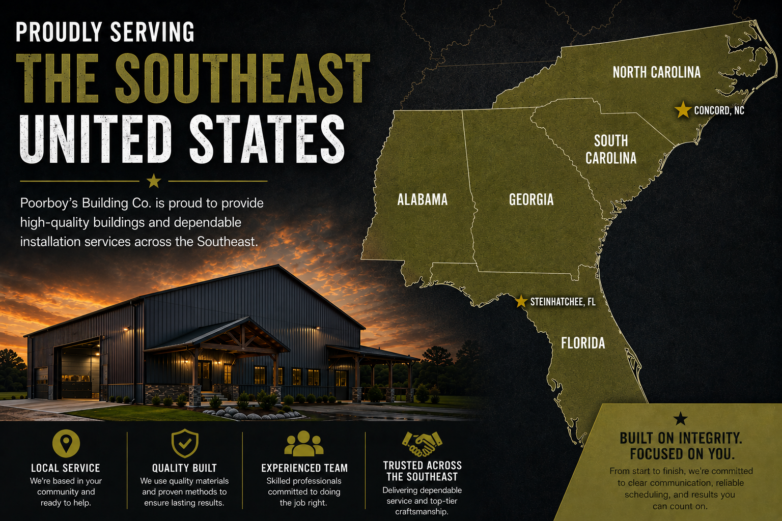 Map of the Southeast United States with a dark house at sunset and “Proudly serving the Southeast United States” text