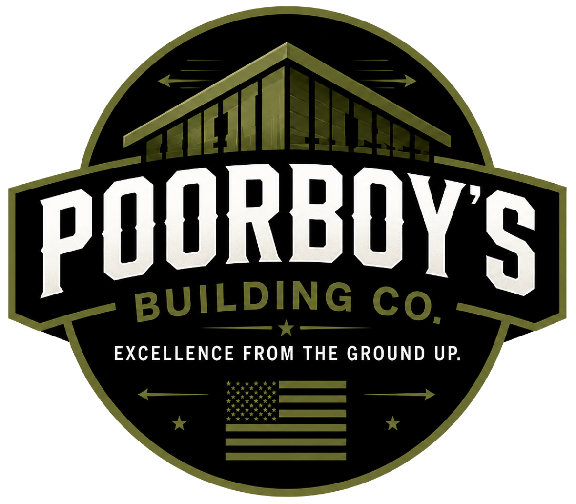 Forge Point Industries Poorboy’s Building Co. logo in black, gold, and white with “Excellence from the ground up.”