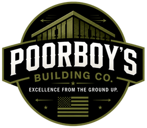 Poorboy’s Building Co. logo with bold white text on a black and gold circular badge.