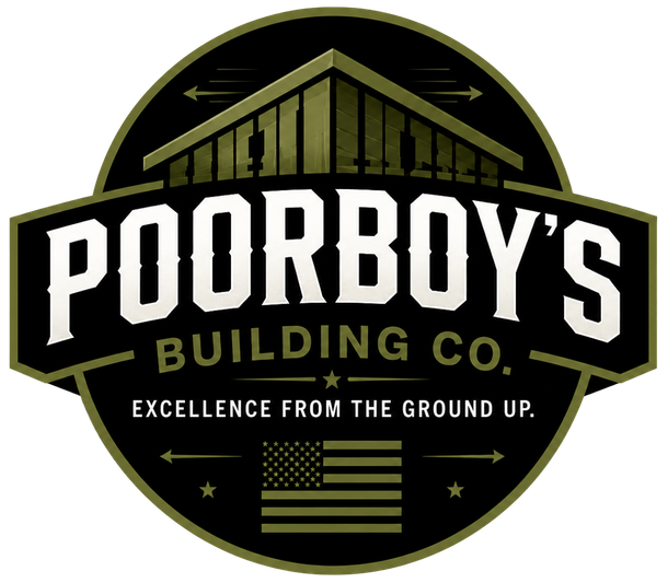 Poorboy's Building Co. circular logo in black, gold, and white with the slogan “Excellence from the ground up.”