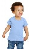 A baby is wearing a light blue t-shirt and jeans.