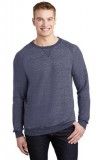 A man is wearing a blue sweatshirt and black jeans.