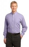 A man is wearing a purple shirt and black pants.