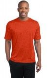 A man is wearing a red t-shirt and black pants.